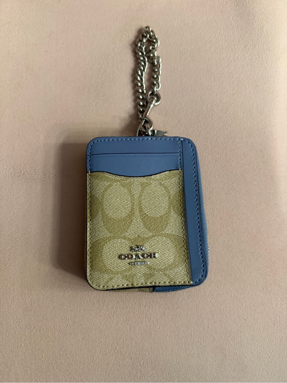 Coach Beige Signature Card Holder with Blue Trim and Chain